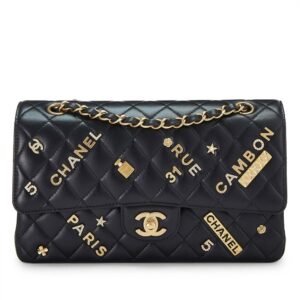 BLACK QUILTED LAMBSKIN LUCKY CHARM CLASSIC DOUBLE FLAP MEDIUM