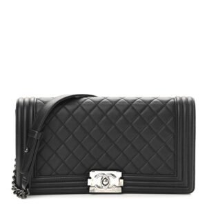 Calfskin Quilted Boy Clutch With Removable Chain So Black